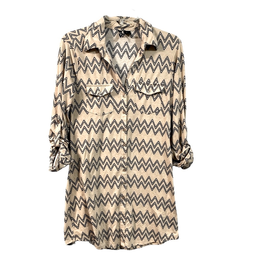 Ultra Flirt Tan & Chevron Button Down Dress Size Large
